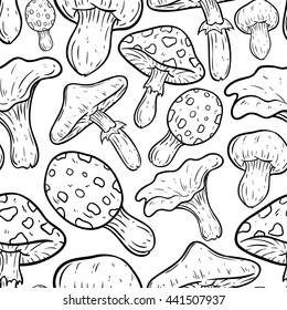 Doodle art mushroom in seamless pattern on white background