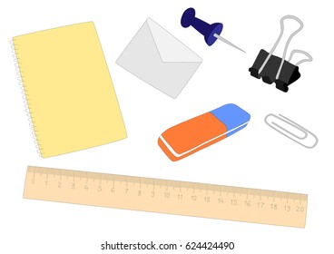 Doodle art on school the isolated elements created by a hand. Notebook, envelope, clip, ruler, rubber and paper clip. Vector illustration