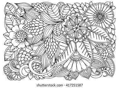 Black White Flower Pattern Coloring Doodle Stock Vector (Royalty Free ...