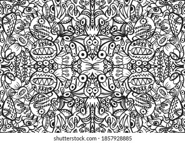 Doodle art pattern design in black and white brush style. It shows odd creatures interacting to give shape to new ones. The seamless design aligns in a mirrored way following two symmetrical axes  