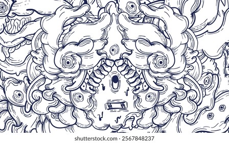 Doodle art pattern design in black and white brush style. It shows odd creatures interacting to give shape to new ones. The seamless design aligns in a mirrored way following two symmetrical axes