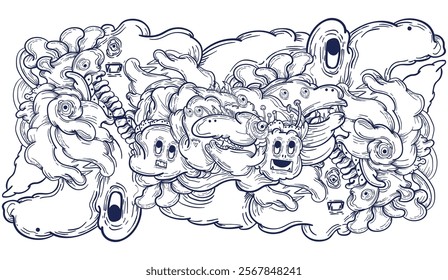 Doodle art pattern design in black and white brush style. It shows odd creatures interacting to give shape to new ones. The seamless design aligns in a mirrored way following two symmetrical axes