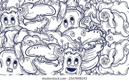 Doodle art pattern design in black and white brush style. It shows odd creatures interacting to give shape to new ones. The seamless design aligns in a mirrored way following two symmetrical axes