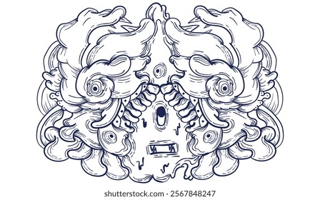 Doodle art pattern design in black and white brush style. It shows odd creatures interacting to give shape to new ones. The seamless design aligns in a mirrored way following two symmetrical axes