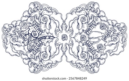 Doodle art pattern design in black and white brush style. It shows odd creatures interacting to give shape to new ones. The seamless design aligns in a mirrored way following two symmetrical axes