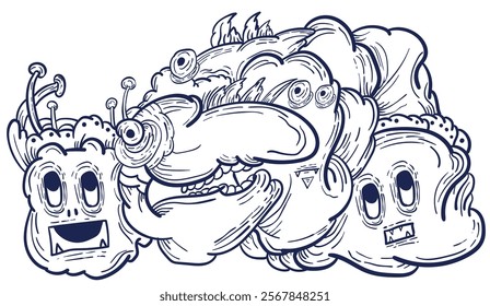 Doodle art pattern design in black and white brush style. It shows odd creatures interacting to give shape to new ones. The seamless design aligns in a mirrored way following two symmetrical axes