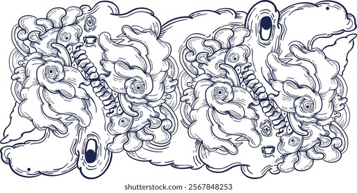 Doodle art pattern design in black and white brush style. It shows odd creatures interacting to give shape to new ones. The seamless design aligns in a mirrored way following two symmetrical axes