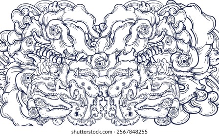 Doodle art pattern design in black and white brush style. It shows odd creatures interacting to give shape to new ones. The seamless design aligns in a mirrored way following two symmetrical axes