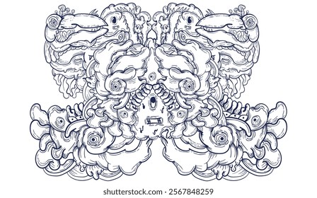 Doodle art pattern design in black and white brush style. It shows odd creatures interacting to give shape to new ones. The seamless design aligns in a mirrored way following two symmetrical axes