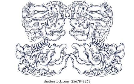 Doodle art pattern design in black and white brush style. It shows odd creatures interacting to give shape to new ones. The seamless design aligns in a mirrored way following two symmetrical axes