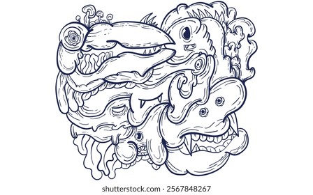 Doodle art pattern design in black and white brush style. It shows odd creatures interacting to give shape to new ones. The seamless design aligns in a mirrored way following two symmetrical axes