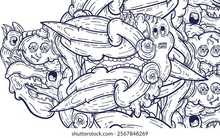 Doodle art pattern design in black and white brush style. It shows odd creatures interacting to give shape to new ones. The seamless design aligns in a mirrored way following two symmetrical axes