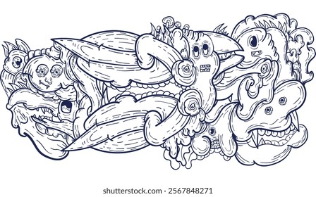 Doodle art pattern design in black and white brush style. It shows odd creatures interacting to give shape to new ones. The seamless design aligns in a mirrored way following two symmetrical axes