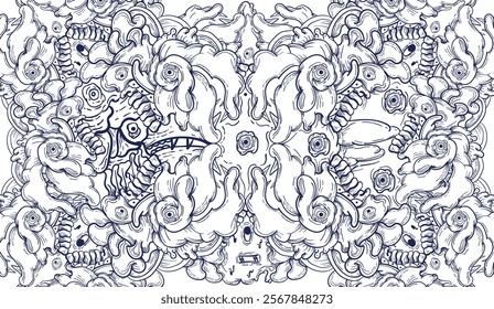 Doodle art pattern design in black and white brush style. It shows odd creatures interacting to give shape to new ones. The seamless design aligns in a mirrored way following two symmetrical axes