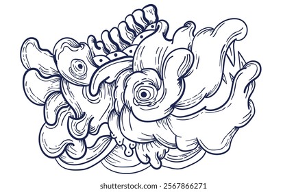 Doodle art pattern design in black and white brush style. It shows odd creatures interacting to give shape to new ones. The seamless design aligns in a mirrored way following two symmetrical axes