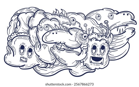 Doodle art pattern design in black and white brush style. It shows odd creatures interacting to give shape to new ones. The seamless design aligns in a mirrored way following two symmetrical axes