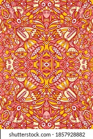 Doodle art pattern design in tones of red and yellow. It shows exotic creatures intertwining to create more of them. The seamless design aligns in a mirrored way following two symmetrical axes  
