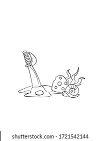 Doodle art pirate saber on the seabed, 
seaweed shell. Vector illustration black on white background