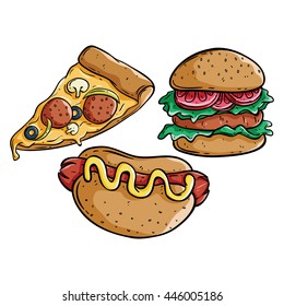 Doodle art of pizza slice, burger and hot dog