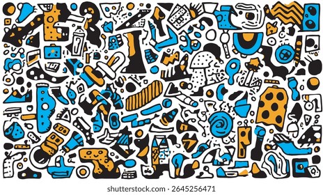 Doodle art presents whimsical shapes scattered across bright background details