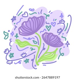 Doodle art: purple flowers, green accents, abstract shapes (hearts, stars, swirls, squiggles) on a pastel purple backdrop.