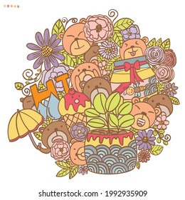 Doodle Art repräsentiert durch eine Gruppe von Bären und Blumen 