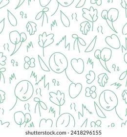 doodle art seamless pattern consisting of leaves, air balloons, hearts and flowers