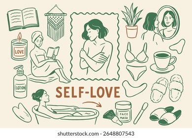 Doodle art self love illustrations embracing relaxation wellness and self care moments for pampering