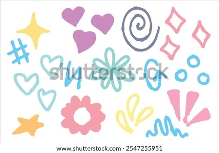 Doodle art. Set of simple scribble design. Various paint geometric sign. Abstract stroke element. Grunge cute sketchy decoration. Sketch kid line