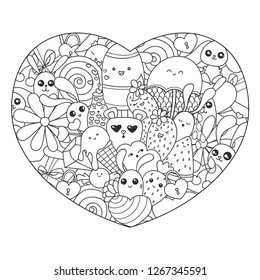 Doodle art in the shape of heart with ice cream, sweets and kawaii characters. Valentines Day pattern for coloring book or design print. Easy to change color.