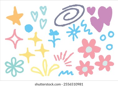 Doodle art. Sketch kid line. Set of simple scribble design. Various paint geometric sign. Grunge cute sketchy decoration. Abstract stroke element