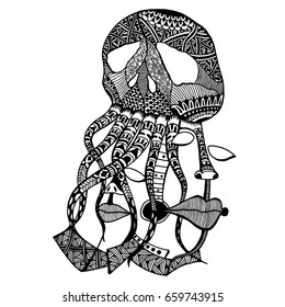 Doodle art of the skull on white background.