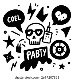 Doodle arte con el cráneo, burbujas del discurso y Elementos del partido