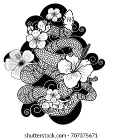 Doodle art snake cobra tattoo.Hand drawn snake with cherry blossom and cloud vector isolate on white background. king Cobra snake with mouth open.Snake cobra with sakura flower illustration.
