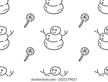 Doodle arte boneco de neve e doces com padrões sem costura em um fundo branco. Para cartões, quadros, cartazes, capas de livros, têxteis, papel de parede, embalagem e tecido. 