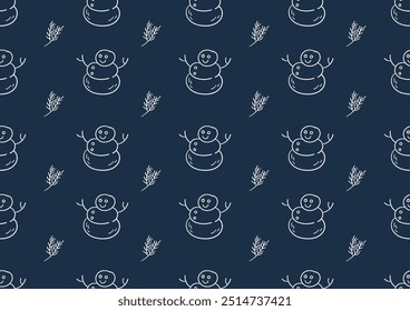 Doodle art of snowman, leave and winter seamless patterns on a blue background. For cards, frames, posters, book covers, textiles, wallpaper, wrapping and fabric. 