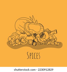 Doodle art of spices in line art design for restaurant background