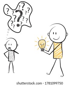 doodle art of stick figured man in doubt and another man help him by giving solution. business concept art.