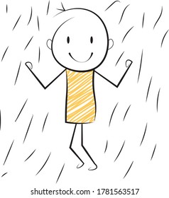 arte garabato de un hombre con figuras de palo bañándose en la lluvia con el concepto de sonrisa.