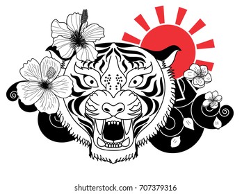 Doodle art style tiger face with cherry flower and rising sun tattoo.Tiger  traditional tattoo.Line art tiger with sakura and Hibiscus flower tattoo.Traditional Japanese culture for printing.