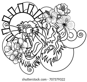 Doodle art style tiger face with cherry flower and rising sun tattoo.Tiger  traditional tattoo.Line art tiger with sakura and Hibiscus flower tattoo.Traditional Japanese culture for printing.