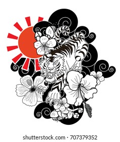 Doodle art style tiger face with cherry flower and rising sun tattoo.Tiger  traditional tattoo.Line art tiger with sakura and Hibiscus flower tattoo.Traditional Japanese culture for printing.