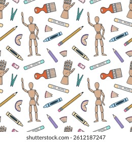 Doodle art tools seamless pattern. School concept vector illustration