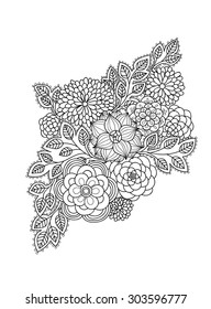 Doodle art vector flowers. Zentangle black and white floral pattern. Hand drawn herbal decorative elements.