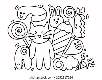 Doodle art vector of funny monsters.kid educational game page.Beautiful wallpaper of animal.Black and white outline vector of a cute animals