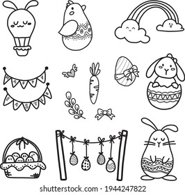 La escritura a mano del vector de arte Doodle sobre el fastival de Pascua incluye arcoiris de conejo de huevo y hojas.