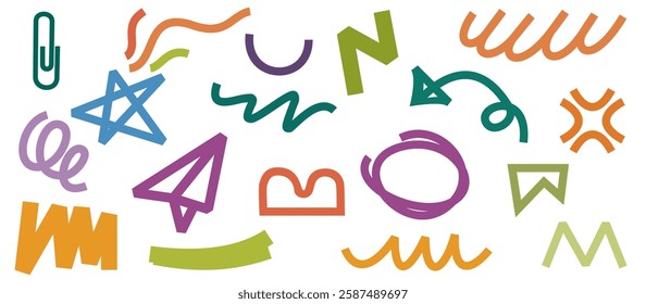 Doodle art vector illustration. Composition of various geometric shapes, circles, arrows, curves, wavy lines, and fun, creative decorative symbols for graphic backgrounds, designs, and decorations.