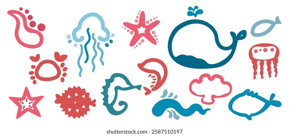 Doodle art vector illustration. Composition of various geometric shapes, sea creatures, waveforms, curves, wavy lines, and freewheeling, fun, creative decorative symbols. For use as graphic background