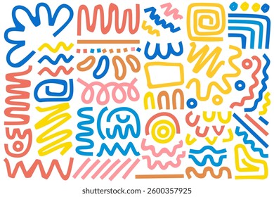 Doodle art vector illustration. Composition of various geometric shapes, circles, arrows, curves, wavy lines, and fun, creative decorative symbols for graphic backgrounds, designs, and decorations.