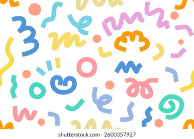 Doodle art vector illustration. Composition of various geometric shapes, circles, arrows, curves, wavy lines, and fun, creative decorative symbols for graphic backgrounds, designs, and decorations.